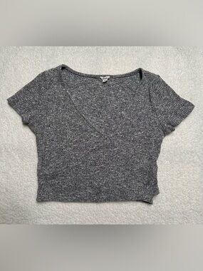 Garage Charcoal Ribbed V-Neck Cropped Tee